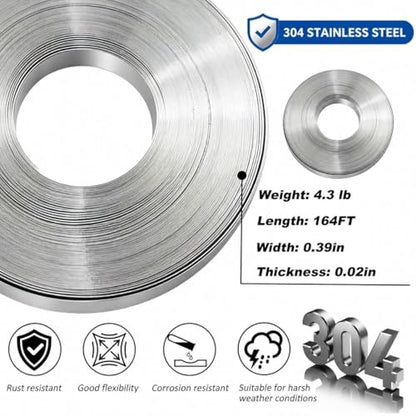 164ft Stainless Steel Banding Kit 304 Steel Strapping Kit 3/8" with Ratchet Tensioner Cutter Crimper Pliers with 100 Buckles for Pipe Pole Pallet Tensioning Packing Bundling