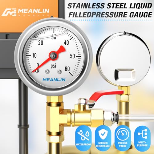 MEANLIN MEASURE 0~60Psi Stainless Steel 1/8" NPT 1.5" FACE DIAL, Glycerin Filled Pressure Gauge, Liquid Filled, Water Oil Air, Lower Mount, with 1/4" NPT and 3/8" NPT Hex Bushing - size: 0-60Psi