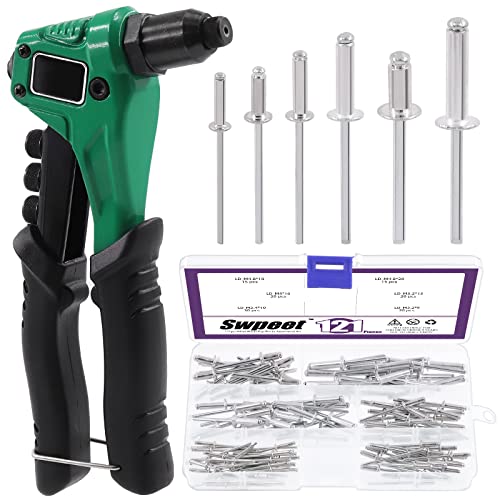 Swpeet 121Pcs 3/32" 1/8" 5/32" 3/16" - M2.4/3.2/4/4.8 Rivets with Aluminum Blind Rivet Gun Assortment Kit, Manual Rivet Gun Kit with 4 Manual Interchangeable Rivet Heads and 4 Twist Drills Attached