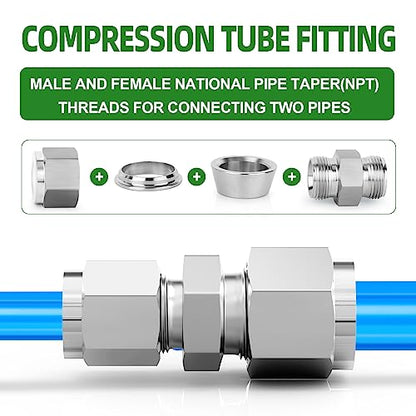 TAISHER 2PCS 304 Stainless Steel Compression Tube Pipe Fitting Connector, 1/4" Tube OD x 1/8" Tube OD Straight Adapter - size: 1/4" OD x 1/8" OD