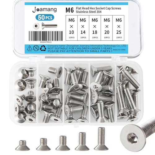 M6 x 10mm 14mm 18mm 20mm 25mm Flat Head Hex Socket Cap Screws Countersunk Bolts, Stainless Steel 304, Metric Allen Drive, Bright Finish, Fully Threaded, Assortment Kit 50PCS - size: M6x10/14/18/20/25 mm
