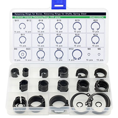 Circlip Set External/Internal Retaining Cir clips Snap Ring Assortment Set 225 Pcs