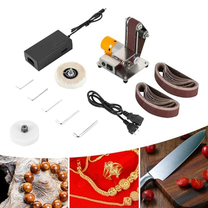 Mini Belt Sander 7-Speed Adjustable, 4000-9000 RPM Electric Bench Grinder with 20 Abrasive Belts, Aluminum & Wool Wheels for DIY Wood Metal Knife Jewelry Polishing