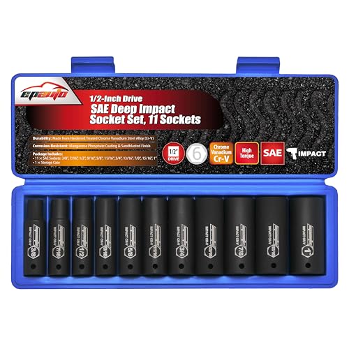 EPAuto 1/2-Inch Drive SAE Deep Impact Socket Set, 6 Points, 11 Sockets - style: SAE - Deep Impact