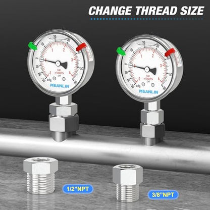 MEANLIN MEASURE -30inHG~60Psi Vacuum Pressure Gauge 316 Stainless Steel Joint 1/4"NPT 2.5"FACE DIAL, Liquid Filled Pressure Gauge WOG Water Oil Air Lower Mount with Stainless Steel Hex Bushing, Snaps - size: -30inHG-60Psi, style: Lower Mount