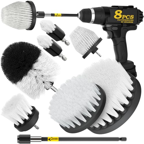 Holikme 8Pc Drill Brush Set - Scrub Brushes with Extension for Home Clean - color: White