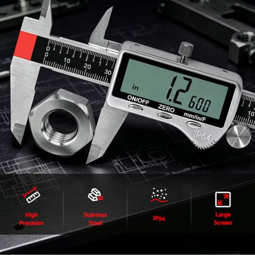 S&F STEAD & FAST Digital Caliper Measuring Tool 6 inch with Extra Large LCD Screen, Stainless Steel Micrometer Caliper Digital IP54, Measures Inch Mm Fraction for Workshop, 3D Printing