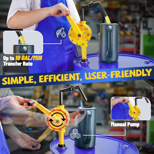 15-55 Gallon Drum Pump, 10 GPM Flow, Corrosion-Resistant Chemical Liquid Pump, Hand-Operated Rotary Barrel Pump Designed for Rapid Transfer of Water, Def,Diesel,kerosene,mild chemicals