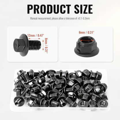 Minho M8-1.25 x 12mm Flange Head Bolts in Carbon Steel Material,Flange Hexagon Screws Come with Flange Nuts,Black Oxide Finish Plated,Full Thread, 25 Sets - size: M8-1.25*12