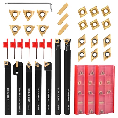 VerRich 28Pcs Kit Indexable Lathe Turning Tools,7PCS 1/2"12mm Shank Boring Bar Metal Turning Tool Holder with 21pcs Carbide Inserts for Boring Cutting Grooving Turning Threading - size: 7PCS 1/2"12mm Holders+21PCS Inserts