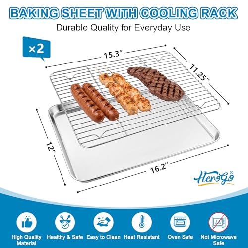 Herogo Baking Sheet with Wire Rack Set(2 Pans + 2 Racks), 16" x 12" x 1" - size: 16 x 12 x 1 inch