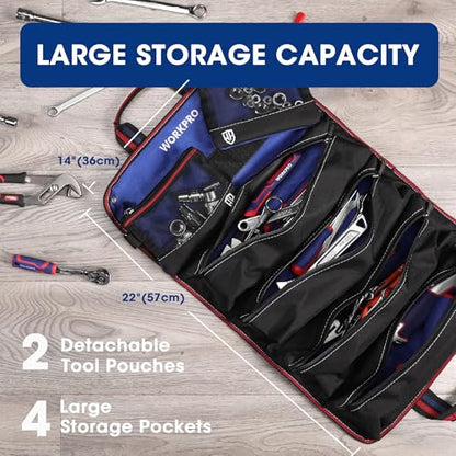 WORKPRO Roll Up Tool Bag, Tool Roll Organizer with 4 Pockets & 2 Pouches - color: Black