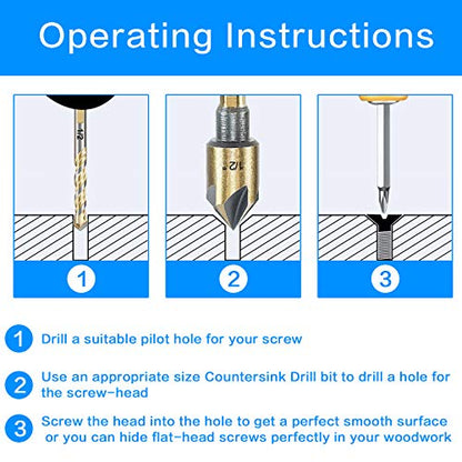 Countersink Drill Bit Set, 5 Pieces High Speed Steel 82 Degree 5 Flute 6mm Shank Mill Cutter Bit Countersink in Sizes 3/8" Set with Carrying Case. - size: 3/8''
