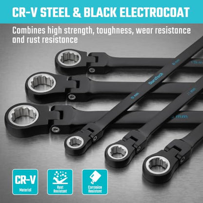DURATECH Extra Long Flex-Head Ratcheting Wrench Set, 6-Piece, Metric - size: 8-19mm, Black