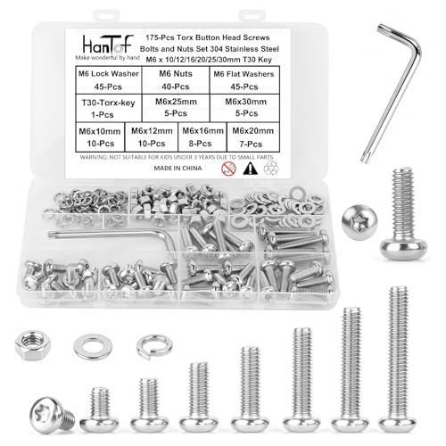 175Pcs M6 Torx Bolts and Nuts Set, Round Head Torx Screws Bolts, Pan Head Machine Screws, Security Anti-Theft Screw, 304 Stainless Steel, Full Thread Pitch : 1.0 mm, with T30 Wrench. - color: Stainless Steel, size: M6 Torx Pan Kit
