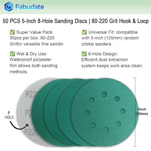 5 Inch 8 Hole 180 Grit Hook&Loop Wet/Dry Heavy-Duty Sanding Discs 50PK - size: 180 Grit