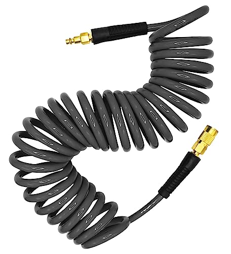 YOTOO Polyurethane Recoil Air Hose 3/8" Inner Diameter by 25' Long with Bend Restrictor, Repairable 1/4" Industrial Quick Coupler and Plug, Gray - size: 25 FT