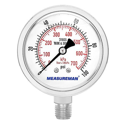 MEASUREMAN Pressure Gauge 1/4 NPT, 0-100psi/kPa Fully Stainless Steel Hydraulic Glycerin Filled Pressure Gauge with 2.5 Inch Dial Size (0-100 psi, Lower Mount - 100% Stainless Steel) - size: 0-100 psi, style: Lower Mount(100% Stainless Steel)