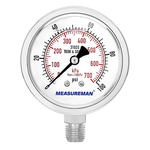 MEASUREMAN Pressure Gauge 1/4 NPT, 0-100psi/kPa Fully Stainless Steel Hydraulic Glycerin Filled Pressure Gauge with 2.5 Inch Dial Size (0-100 psi, Lower Mount - 100% Stainless Steel) - size: 0-100 psi, style: Lower Mount(100% Stainless Steel)