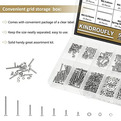562 Pieces M2.5 x 4/6 /8/10 /12/16 /20mm Phillips Countersunk Head Machine Screws Nuts Washers Assortment Kit, 304 Stainless Steel, Fully Machine Thread - size: M2.5, style: Phillips Countersunk Head