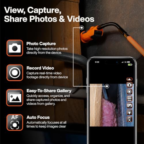 Klein Tools ET30 Wireless Inspection Camera, 1080P High Resolution Borescope with Light, Wi-Fi Enabled for iPhone and Android, Drain Plumbing Diagnosis, Fish Rod Compatible