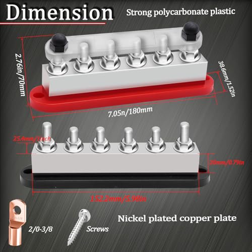 650A Bus Bar 12V Marine 3/8" Power Distribution Block Automotive Busbar Terminal Block,Battery Buss Bar (Pair, Red & Black) 6 x 3/8" Post - size: 650A 6x3/8"