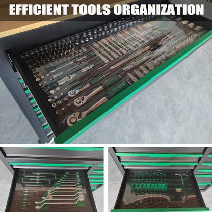 13-Drawers Rolling Tool Cabinet with Wood Workbench,Pegboard,60.6W x 22.7D x 66.1H inch,Heavy-Duty Steel Tool Storage,Lock & Key for Home,Garbge or Workshop Use(13 Drawer + 348 Pieces Tools)