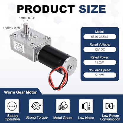 DC 12V 120RPM Worm Gear Motor, 0.31" Single Shafts Self-Locking