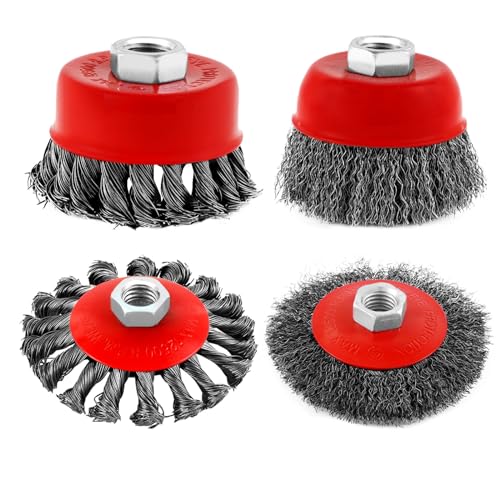 Wire Cup Brush Set Packaged with 4 Different Wire Wheel Brushes for Angle Grinder 4 1/2 Angle Grinder and 5/8”-11 Thread Arbor(4 Packs ) - style: 4 Different Wire Brush Set