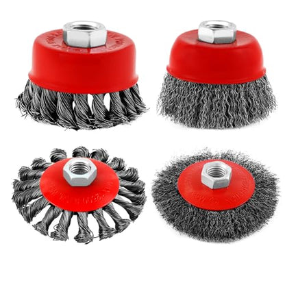 Wire Cup Brush Set Packaged with 4 Different Wire Wheel Brushes for Angle Grinder 4 1/2 Angle Grinder and 5/8”-11 Thread Arbor(4 Packs ) - style: 4 Different Wire Brush Set