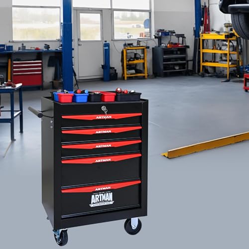 5-Drawer Steel Rolling Tool Cart with Wheels & Handle, Heavy-Duty Tool Chest Storage Cabinet for Garage and Workshop - color: Black, size: 5-Drawer