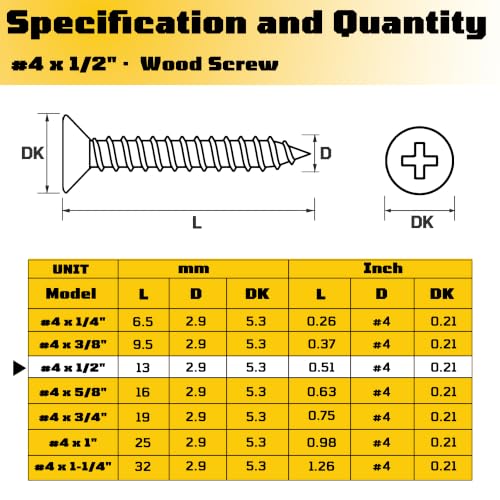 #4 x 1/2 inch Flat Head Wood Screws, 304 Stainless Steel Phillips Drywall Screws and Tapping Screws, High Hardness Screws for Drywall, Sheetrock, Wood (50 Pcs) - size: #4 x 1/2"