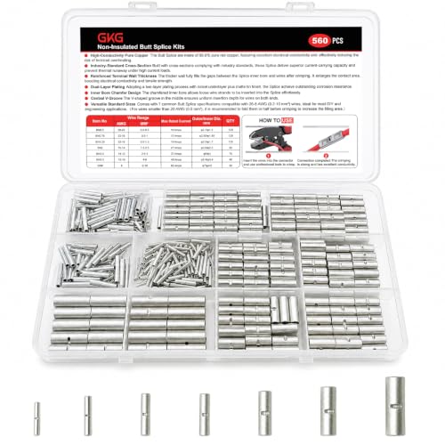 GKG 560 PCS Non Insulated Butt Connectors Kit, 26-8 Gauge Butt Splice Kit