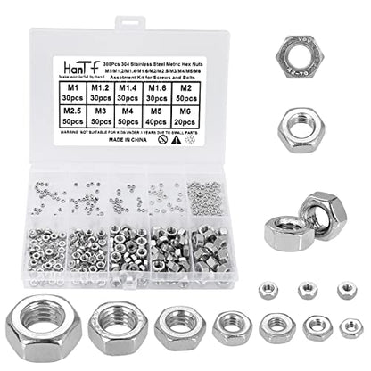 380Pcs Metric Hex Nuts Assortment Kit, for Screw Bolt (M1/M1.2/M1.4/M1.6/M2/M2.5/M3/M4/M5/M6), 18-8 Stainless Steel Hex Hexagonal Nuts, External Hex Nut Set - size: Metric Kit: M1 to M6