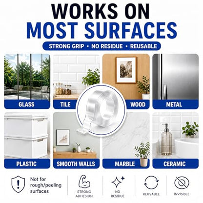Double Sided Tape Heavy Duty, Nano Clear Mounting Tape, Picture Hanging Poster Carpet Tape for Walls, Dorm Office School Outdoor, Removable Adhesive【1 Rolls】（9.85FTx1.2in - size: 9.85 Feet