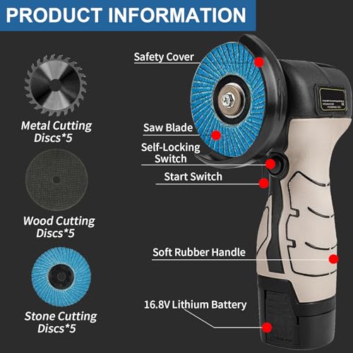 Cordless Brush Angle Grinder Kit, 7000RPM Mini Electric Angle Grinding Tool with 2pcs 16.8V 2000mAh Batteries and 20-Cutting Discs, Power Angle Grinder for Wood Metal Stone Concrete