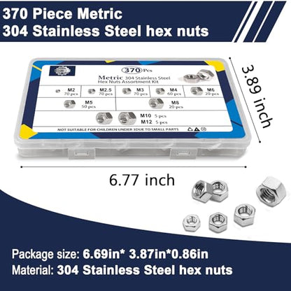 ZQZ 370 Pcs Metric Hex Nuts Assortment Kit Stainless Steel (M2-M12) Nut Set - size: Metric Hex Nuts Assortment;370 PCS