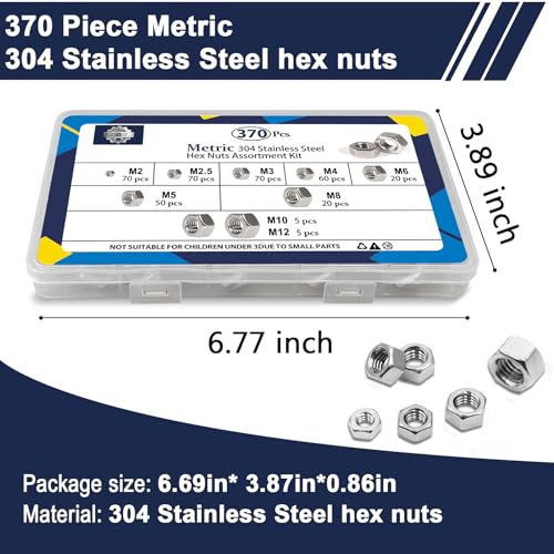 ZQZ 370 Pcs Metric Hex Nuts Assortment Kit Stainless Steel (M2-M12) Nut Set - size: Metric Hex Nuts Assortment;370 PCS