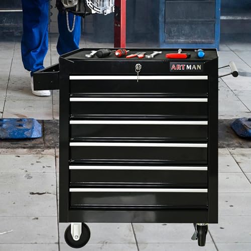 Black 6-Drawer Heavy Duty Rolling Tool Chest | Industrial Service Cart w/Ball Bearing Drawers, Lock & 4 Wheels (2 Brakes) - Garage & Shop Storage Organizer - color: Black, size: 24.25 x 13 x 29.33