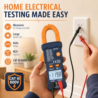 IZIO DT211 Mini Digital Clamp Meter, 600A AC Current Tester & 600V AC/DC Voltage Multimeter, True RMS, NCV Non-Contact Voltage Detector, Auto Range Resistance Capacitance Frequency Tester