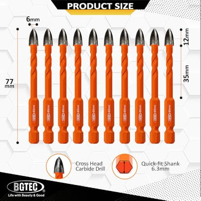 BGTEC Cemented Carbide Drill Bits Masonry Drill Bits, 10pcs Quick-fit Shank 6MM Cross Spiral Hard Alloy Drill Bit for Wood Plastic Masonry Ceramic Tile Concrete Marble - size: 10pcs 6mm