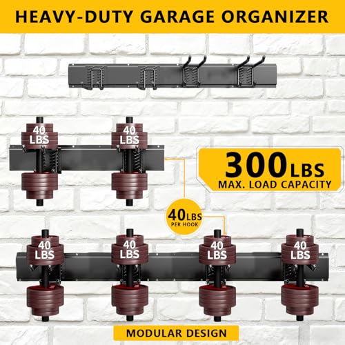 Garage Tool Organizer Wall Mount, 32inch Heavy-Duty Garage Storage System and Garden Tool Organizer with 4 Adjustable Hooks for Shovel, Snowboard, Yard Tools and Shed - size: 32"-4hooks