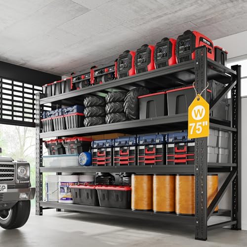 Fesbos 9000LBS Metal Steel Storage Shelves - 75" W Black 4 Tier Heavy Duty Rack Commercial Industrial Shelving with Adjustable Shelf for Basement Garage Warehouse - 75" W x 24" D x 70" H - size: 75" W x 24" D x 70" H