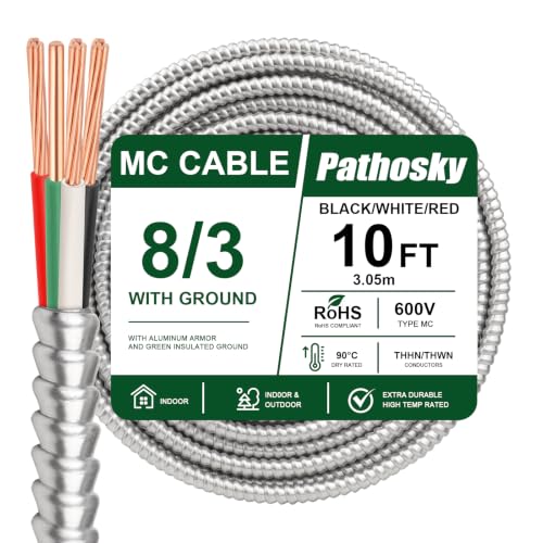 8/3 MC Cable 10 FT, Metal Clad Electrical Wire with Green Insulated Ground, 8 AWG Pure Copper Stranded Conductors, Aluminum Armor Real THHN/THWN-2, 600V 90°C Indoor/Outdoor Rated UL Listed - color: 10 FT, size: 8AWG/3