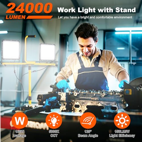 24000 Lumen LED Work Lights with Stand - 2 Head LED Tripod Work Light- IP65 Waterproof Work Lights on Stand for Outdoor Indoor Job Site Workshop Garage Commercial Flood Light with Stand