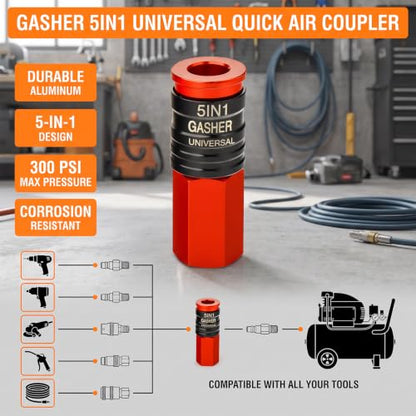 GASHER 1/4" FNPT 5IN1 Universal Quick Industrial Air Coupler Red - color: Red