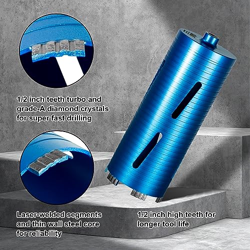 SALI Diamond Core Drill Bits 2 1/2" Diameter 10"/254mm Drilling Depth 5/8-11" Thread Core Bit Turbo Laser-Welded Segments for Cured Concrete with Brick, Block, Masonry, with Two Adapters - size: 2 1/2 inch