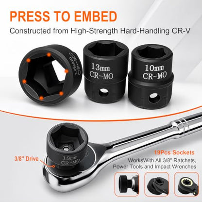 Flex Head Ratcheting Wrench Set 19-in-1, 6-24mm CR-V Steel Metric Wrench