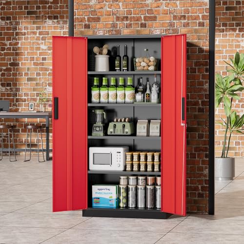 Greenvelly Metal Storage Cabinet,72" Locking Metal Garage Storage Cabinet with Doors and 4 Adjustable Shelves, Lockable Steel Cabinet for Home Office, Garage, Shop, School (Red 32" W x 16" D) - color: Red, size: 72 Inch - 32W