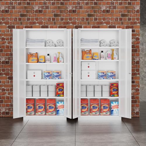 Greenvelly Metal Storage Cabinet, 72" Locking Metal Garage Storage Cabinet with Doors and 4 Adjustable Shelves, White Lockable Steel Cabinet for Home Office, Garage, Shop, School (32" W x 16" D) - color: White, size: 72 Inch - 32W